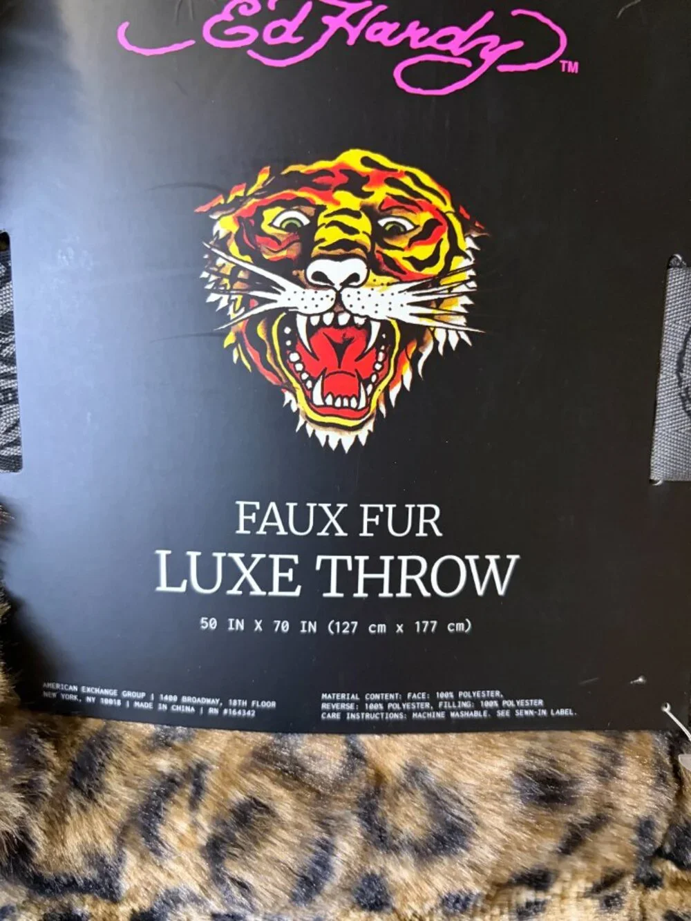 Ed Hardy Leopard Faux Fur Luxe Throw Blanket 50x70 Scalloped Trim NWT